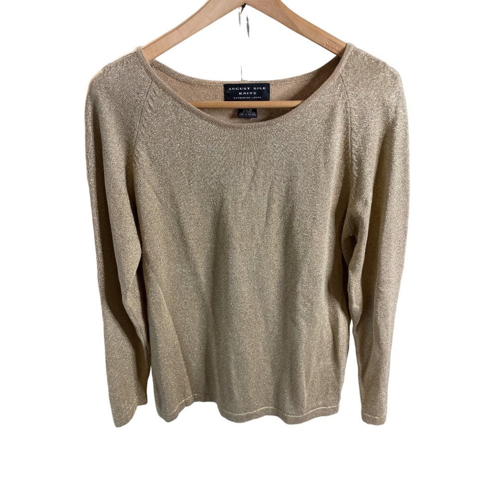 August Silk Gold Metallic Round Neck Long Sleeve Knit Top Sz M